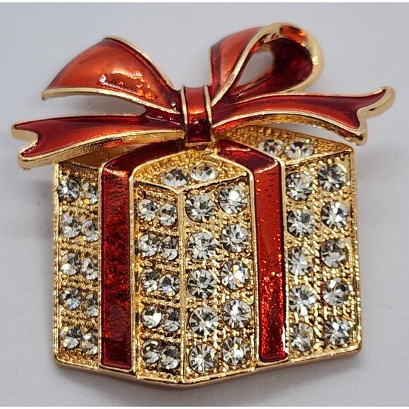 Christmas Present Brooch Red Ribbon Classic Rhinestone & Enamel Simple Elegant - Picture 1 of 4